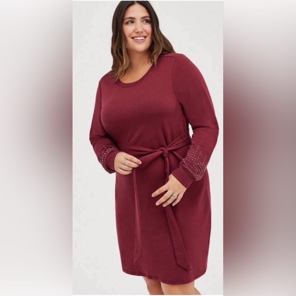 Torrid Burgundy Embellished Long Sleeve French Terry Dress